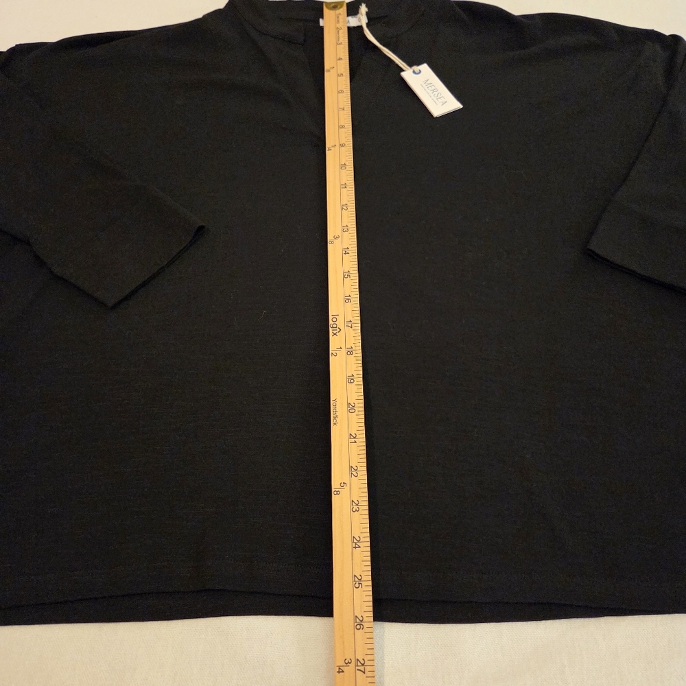 MERSEA NWT Amelia Cuff Tee Black Slub Cotton Vneck Minimalist Blouse Women's OS - Picture 9 of 14